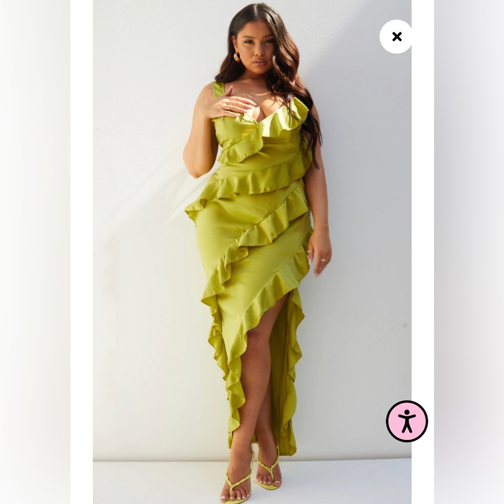 PrettyLittleThing Lime Ruffle Maxi Dress - Picture 2 of 3